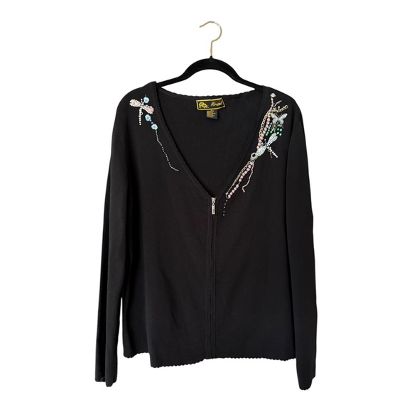 Vintage Black Cardigan Sweater Size XL Rhinestone Embroidered Dragonfly - Picture 16 of 17